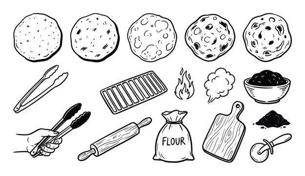 Various hand-drawn cooking and baking elements including flatbreads, kitchen tools, and ingredients in a black and white doodle style