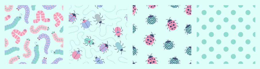 Cute insect bug seamless pattern collection. Caterpillars, beetles, ladybug on light pastel background. Minimal nursery kids doodle prints. Colorful forest creatures for funny summer design. © Veronica