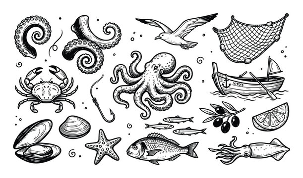 Collection of hand-drawn seafood and nautical elements, including an octopus, crab, fish, boat, and fishing net, presented in a vintage engraving style