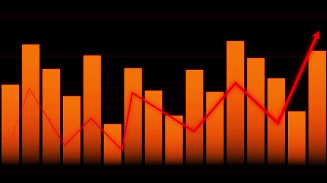 Bar chart animation with downward trend. Bar chart orange financial data loss. Bar chart business failure graphic on black background.