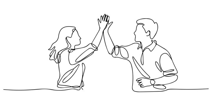 Continuous line art of high-fiving male and female adults. no editable stroke, The young guy smiles and gives five to the girl who smiles back at him. One continuous line drawing of man and woman clap