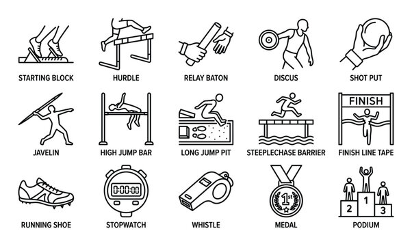 Comprehensive collection of black outline track and field icons, representing various athletic events and equipment