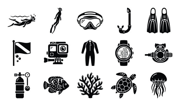 Comprehensive collection of black silhouette diving and snorkeling equipment icons, along with various marine life, presented