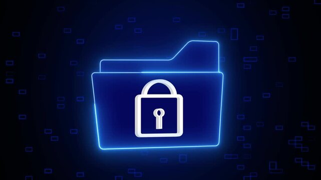 Folder icon animation with security lock. Folder icon glowing blue privacy symbol. Folder icon technology interface graphic on black.