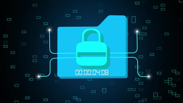 Folder icon animation with security lock. Folder icon digital privacy and timer. Folder icon technology interface graphic on black.