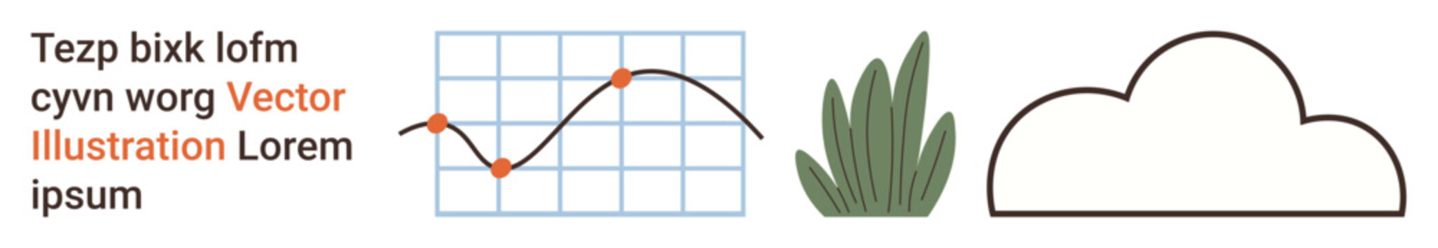 Data analysis, environmental science, forecasting, nature , collaboration, interpretation. Line graph with data points, plant and cloud illustration. Data analysis and environmental science concept