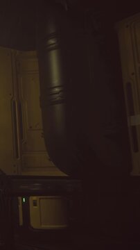A large dark object is positioned in a shadowy area. It appears to have an industrial design with angular shapes. The surroundings are dimly lit, adding to the mysterious atmosphere.