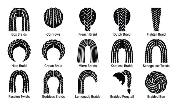 Collection of various black braided hairstyles and twists presented as simple graphic icons