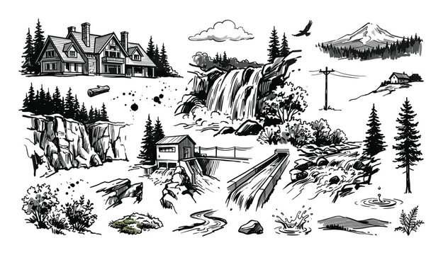 Various hand-drawn nature and landscape elements in a black and white sketch style, including a house, waterfall, mountains, and trees