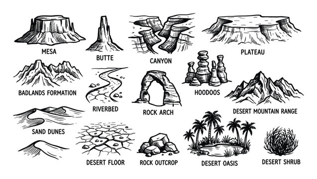 Collection of hand-drawn desert landscape elements including mesas, buttes, canyons, and sand dunes, presented in a clear, illustrative style