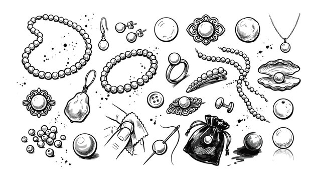 Various hand-drawn pearl jewelry items and accessories are scattered across a with ink splatters, depicted in a classic sketch style