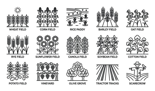 Collection of black outline icons representing various agricultural fields and farming elements