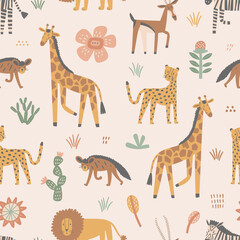Obraz premium African safari animals and plants seamless pattern. Cute flat hand drawn nursery characters. Giraffe, lion, cheetah and others. Perfect for prints, jungle themes, wildlife projects, and kids designs.