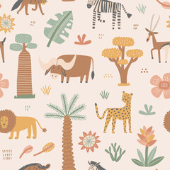 Obraz premium African safari animals and plants seamless pattern. Cute flat hand drawn nursery characters. Buffalo, lion, cheetah and others. Perfect for prints, jungle themes, wildlife projects, and kids designs.