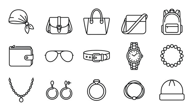 Collection of various outline style fashion accessories, including bags, jewelry, and clothing items, presented