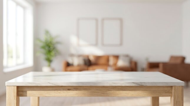 Empty marble table top in bright living room with blurred background of sofa and frames for product staging in modern home interior with natural sunlight and minimalist furniture style