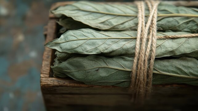 Close up of bundled sun cured tobacco leaves in wooden box