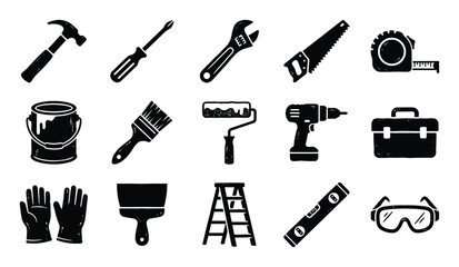 Fototapeta premium Collection of various black and white hand-drawn construction and home improvement tools