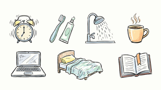 Morning routine icon pack features daily life objects and symbols on white background.