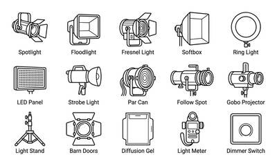 Fototapeta premium Collection of various studio lighting equipment and accessories are depicted in a clean outline icon style