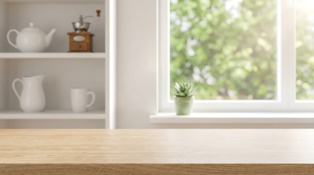 Natural wooden table surface foreground with blurred bright kitchen background featuring coffee accessories and greenery window view for food photography and home lifestyle product mockup