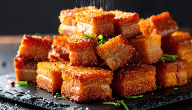 Crispy Siu Yuk Roasted Pork Belly Cubes Glistening With Rendered Fat, A Close Up View