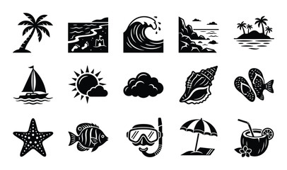 Obraz premium Collection of fifteen black and white summer and beach-themed icons arranged neatly