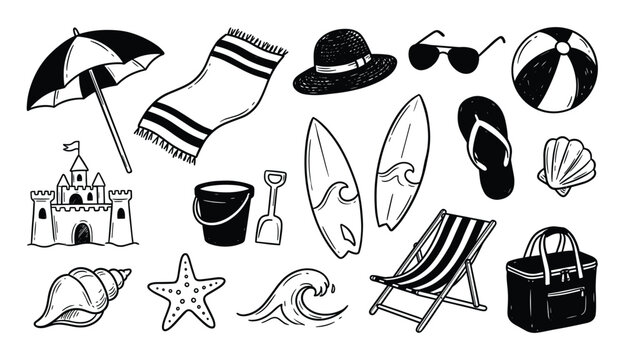 Hand-drawn black and white summer beach vacation items set in a doodle style