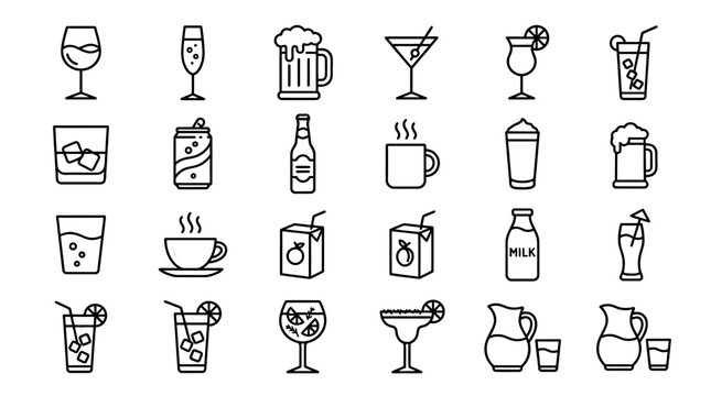 Collection of various drinks and beverages line art icons