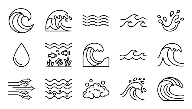 Collection of various simple black outline water and wave icons