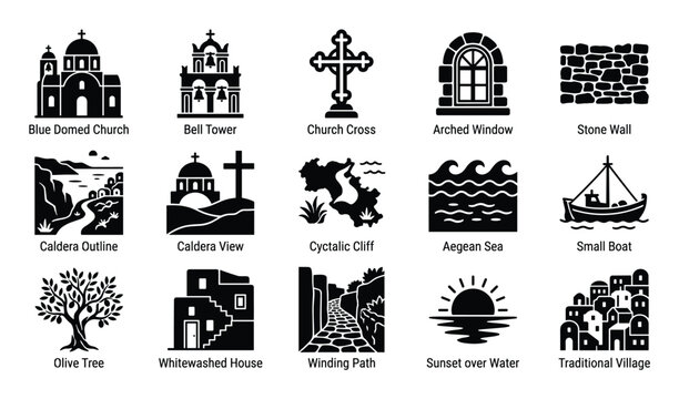 Collection of black silhouette icons representing various Greek island elements and landmarks