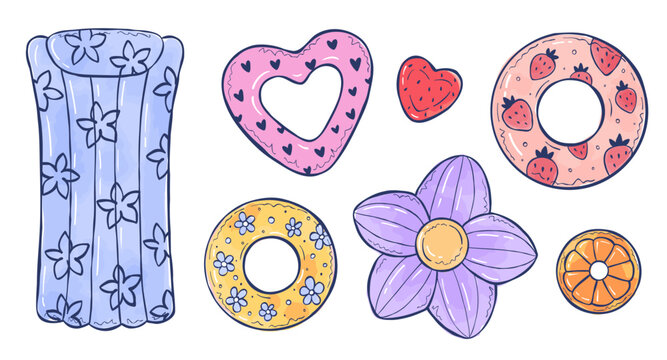 Hand-drawn inflatable mattress and pool floats with different shapes and patterns. Vector clip art collection of floaties for summer beach activity or pool party. Colorful illustration set.