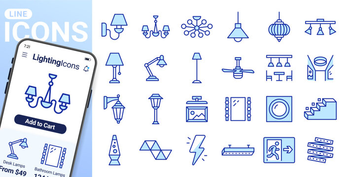 Lighting, interior lamp line icons set. Chandelier, ceiling fan, vanity mirror, LED strip, emergency exit flat minimal vector illustrations. Simple outline signs. Blue duotone color, Editable Stroke.