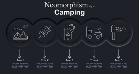Camping set icon. Mountain landscape campsite, sausages food cooking, smartphone navigation map, camper vehicle travel, direction sign campsite route, outdoor tourism adventure gear. © Anastasia