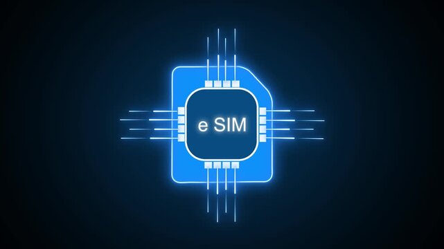 Sim card animation with blue esim chip. Sim card digital neon circuit lines. Sim card mobile technology graphic on black background.
