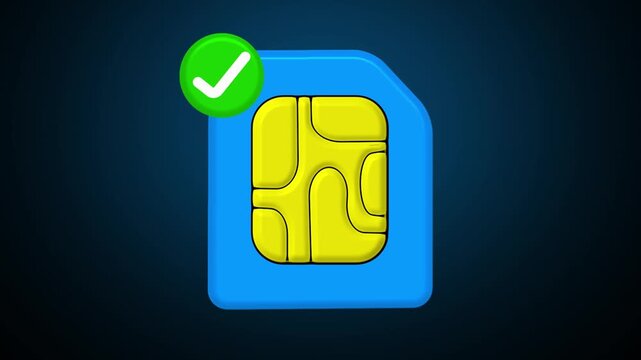 Sim card animation with green checkmark. Sim card blue mobile success symbol. Sim card digital technology graphic on black background.