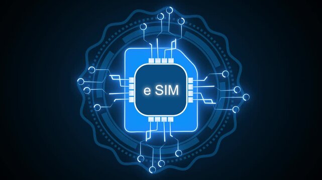 Sim card animation with esim chip. Sim card digital interface and circuits. Sim card mobile technology graphic on black background.