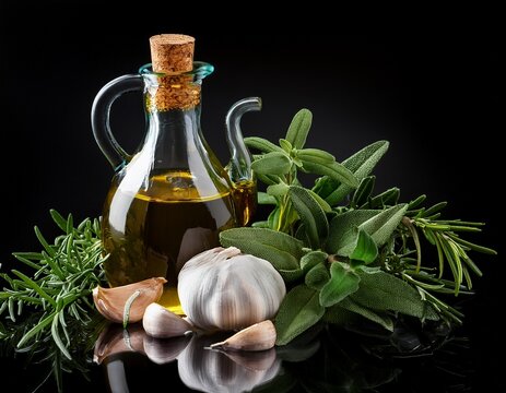 fresh culinary herbs garlic and olive oil on black background