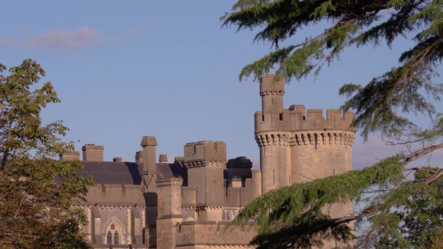 Detailed close-up of Arundel Castle stonework in warm evening light