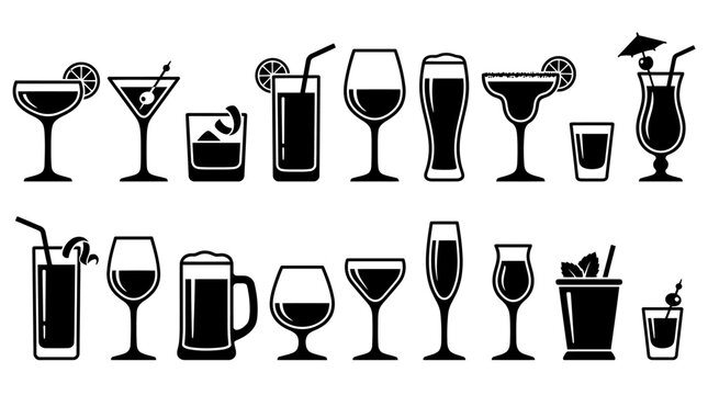 Diverse Collection of Beverage Glasses and Barware Icons for Drink Menus