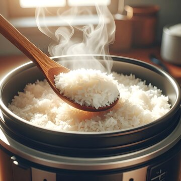 Close-up view of cooked rice being scooped from a steaming pot with a wooden spoon, showcasing texture and warmth