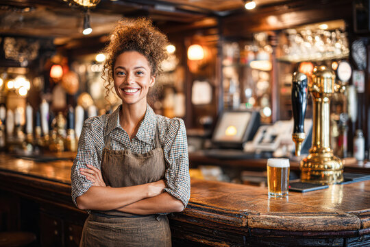 A smiling bartender stands confidently behind the bar in a cozy pub with wooden decor and a draft beer on the counter.