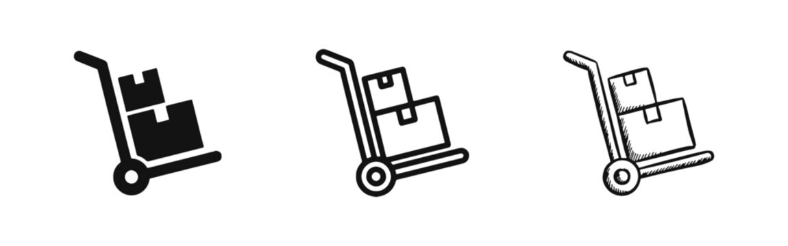 Delivery hand truck trolley with cardboard boxes icon set in solid, outline and hand-drawn doodle styles