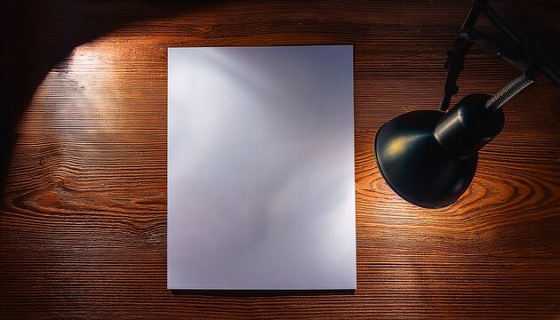 top angle view of a blank poster on a wooden table with a table lamp spotlighting the poster one light source dark shadows graphic resources blank paper on the study desk creative or creativity
