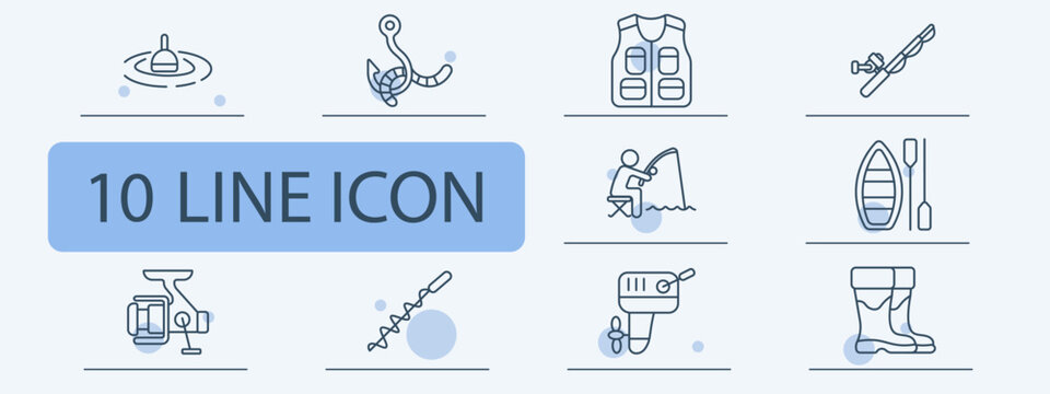 Fishing set icon. Bobber, hook, vest, rod, angler, boat, tackle, auger, reel, boots. Outdoor catch equipment, water sport gear, lake trip, recreation activity visuals.