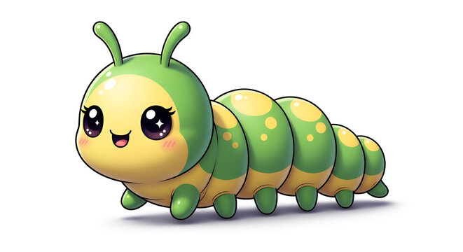 Cute 3D caterpillar in green and yellow with a cheerful expression, smooth details and adorable style on a white background.