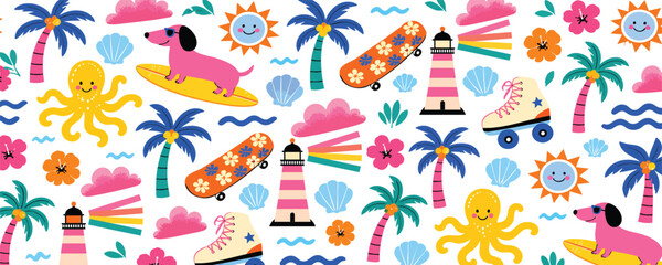 Seamless pattern with cute summer elements like palm trees, surfing dachshunds, skateboards, roller skates, octopuses, lighthouses, and suns on a white background. © Zbrake Studio