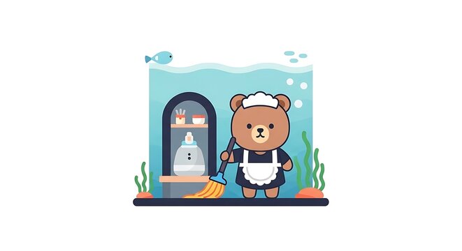 A cartoon bear, dressed as a maid, mops the floor in an underwater scene with fish and a cupboard