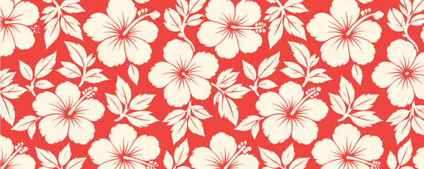 Seamless tropical pattern with hibiscus flowers and leaves on a red background. Floral summer wallpaper, textile print, or fabric design. © Zbrake Studio