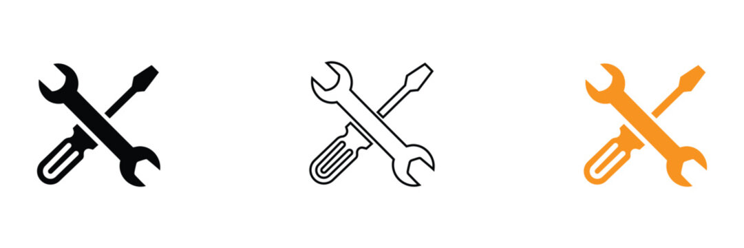 Crossed wrench and screwdriver icons in black, Line art, And orange on white background for repair and maintenance concepts